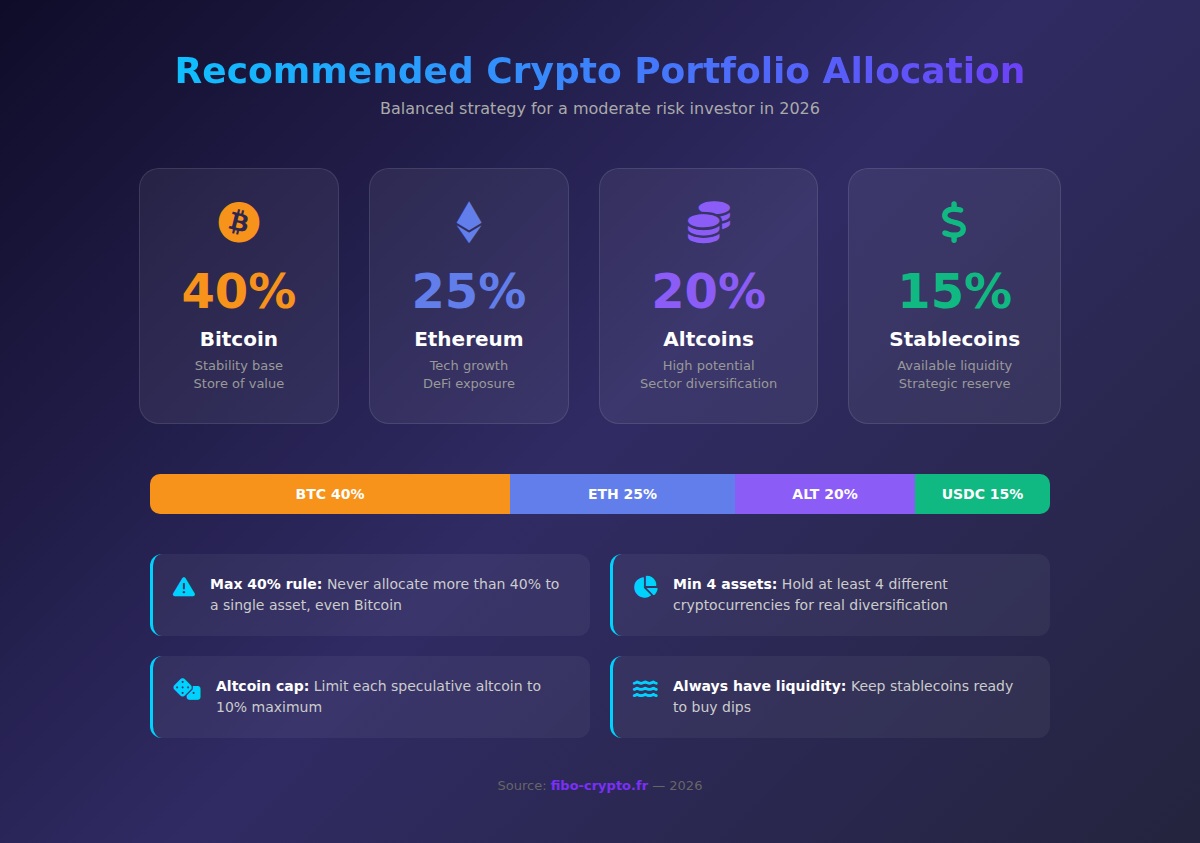 Recommended crypto portfolio allocation infographic showing Bitcoin 40%, Ethereum 25%, altcoins 20% and stablecoins 15%