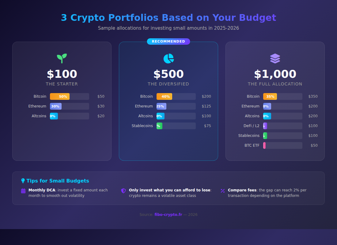 Infographic: 3 crypto portfolios based on your budget - $100, $500 and $1,000