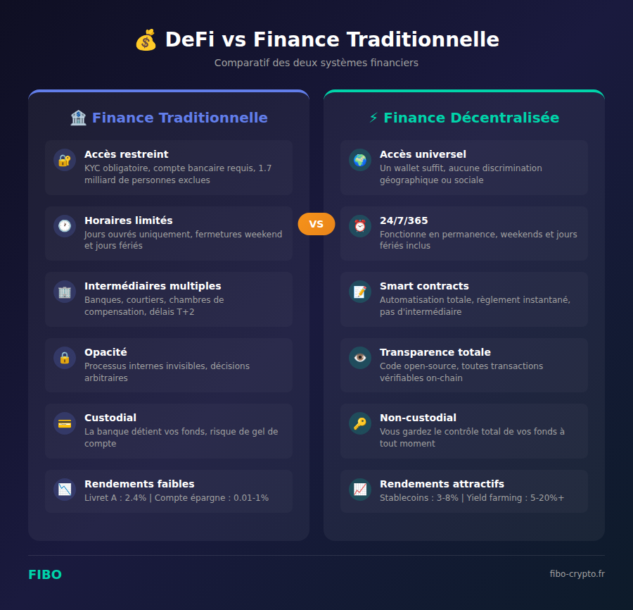 Infographie comparant la DeFi et la finance traditionnelle : accès, horaires, transparence, garde des fonds et rendements