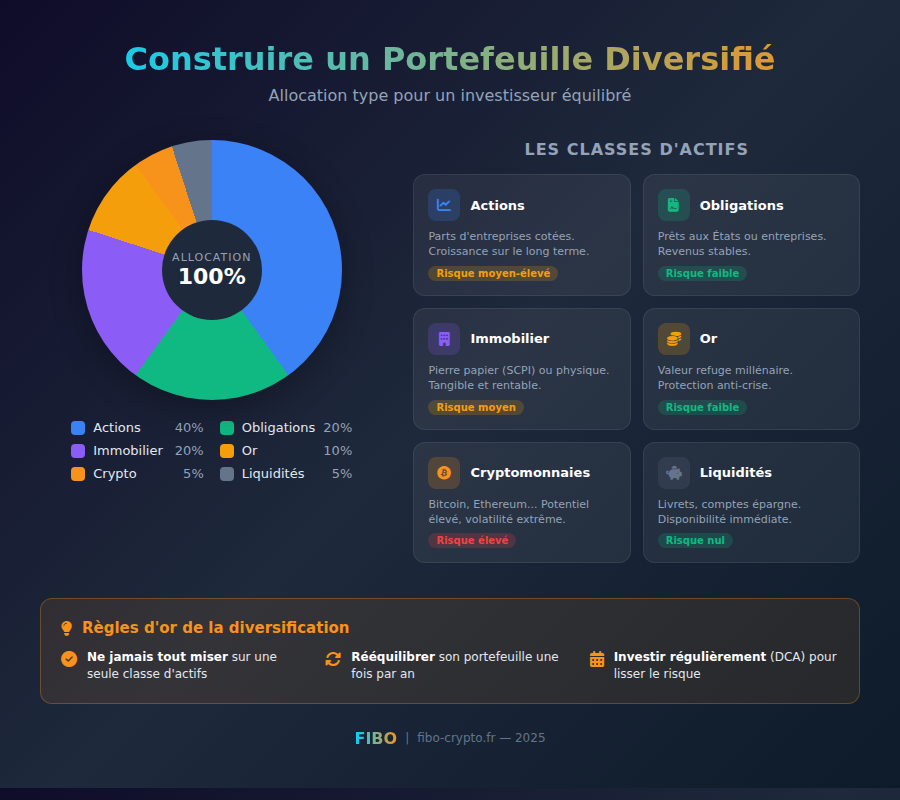 Infographie montrant la répartition type d'un portefeuille diversifié : 40% actions, 20% obligations, 20% immobilier, 10% or, 5% crypto, 5% liquidités
