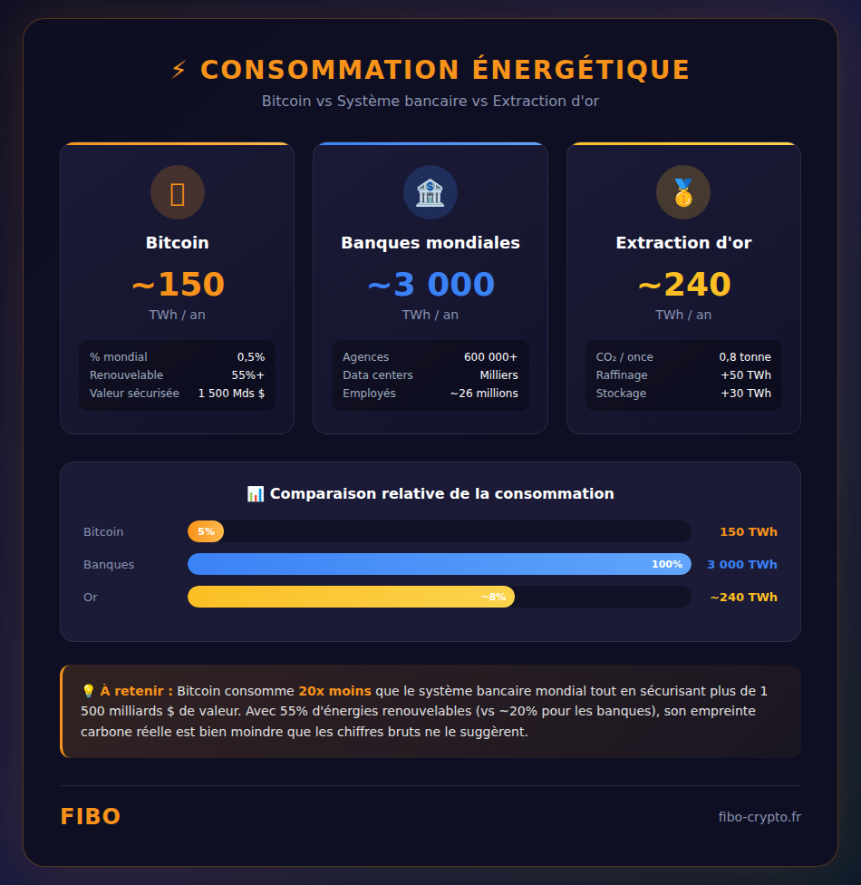 Comparaison de la consommation énergétique : Bitcoin (150 TWh), système bancaire mondial (3000 TWh) et extraction d'or (240 TWh)