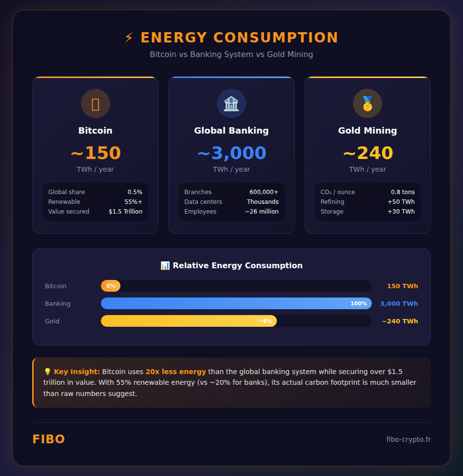 Energy consumption comparison: Bitcoin (150 TWh), global banking system (3000 TWh) and gold mining (240 TWh)