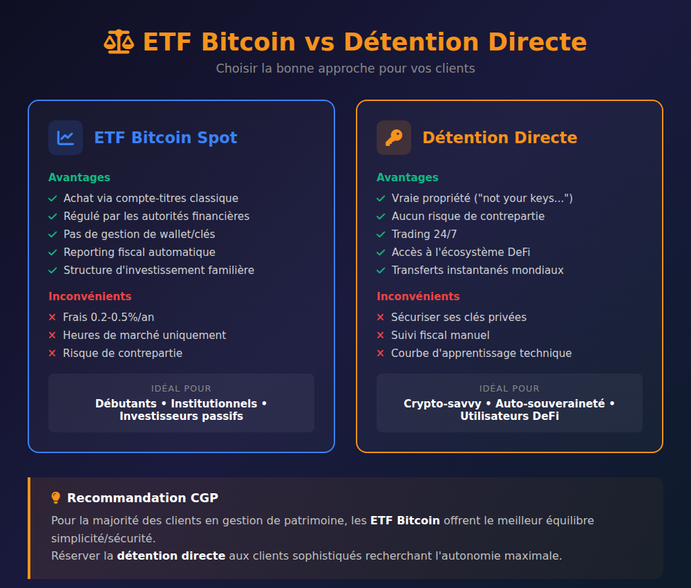 Infographie comparatif ETF Bitcoin vs détention directe pour CGP