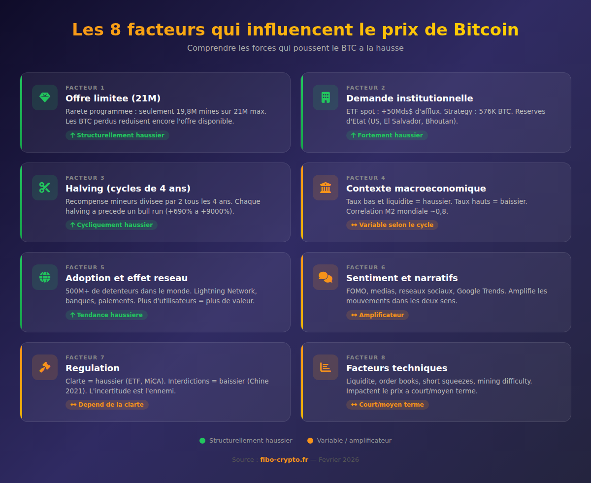 Les 8 facteurs qui influencent le prix de Bitcoin - Infographie Fibo Crypto