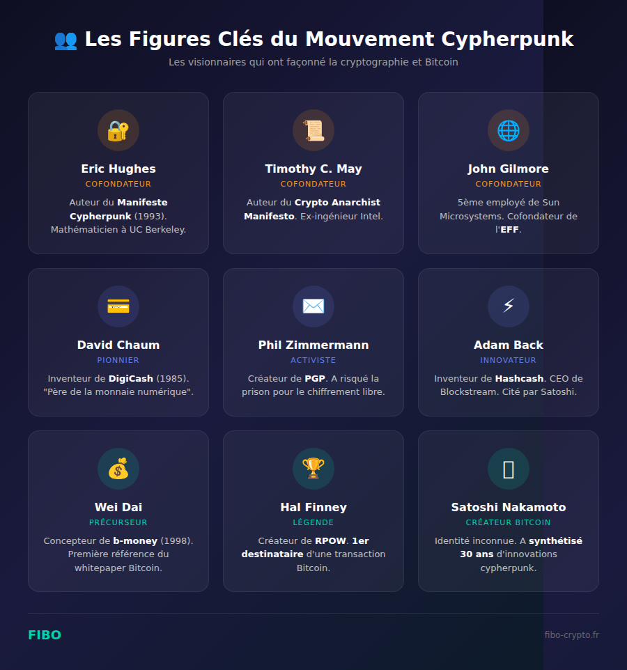 Les 9 figures clés du mouvement cypherpunk : Eric Hughes, Timothy May, John Gilmore, David Chaum, Phil Zimmermann, Adam Back, Wei Dai, Hal Finney et Satoshi Nakamoto