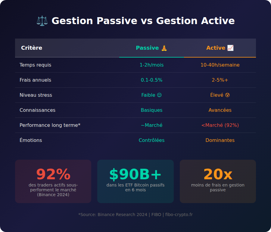 Infographic comparing passive and active crypto management: time required, fees, stress levels and performance