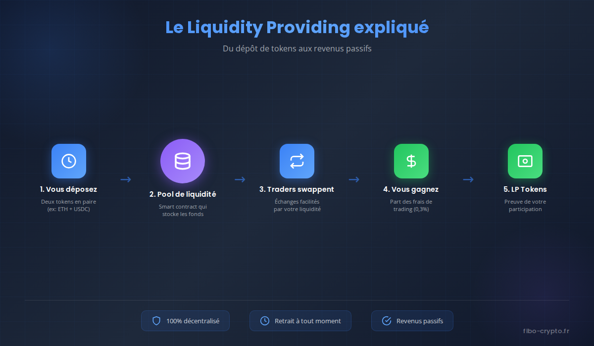 Schéma du fonctionnement du Liquidity Providing : dépôt de tokens dans une pool, smart contract AMM, génération de frais