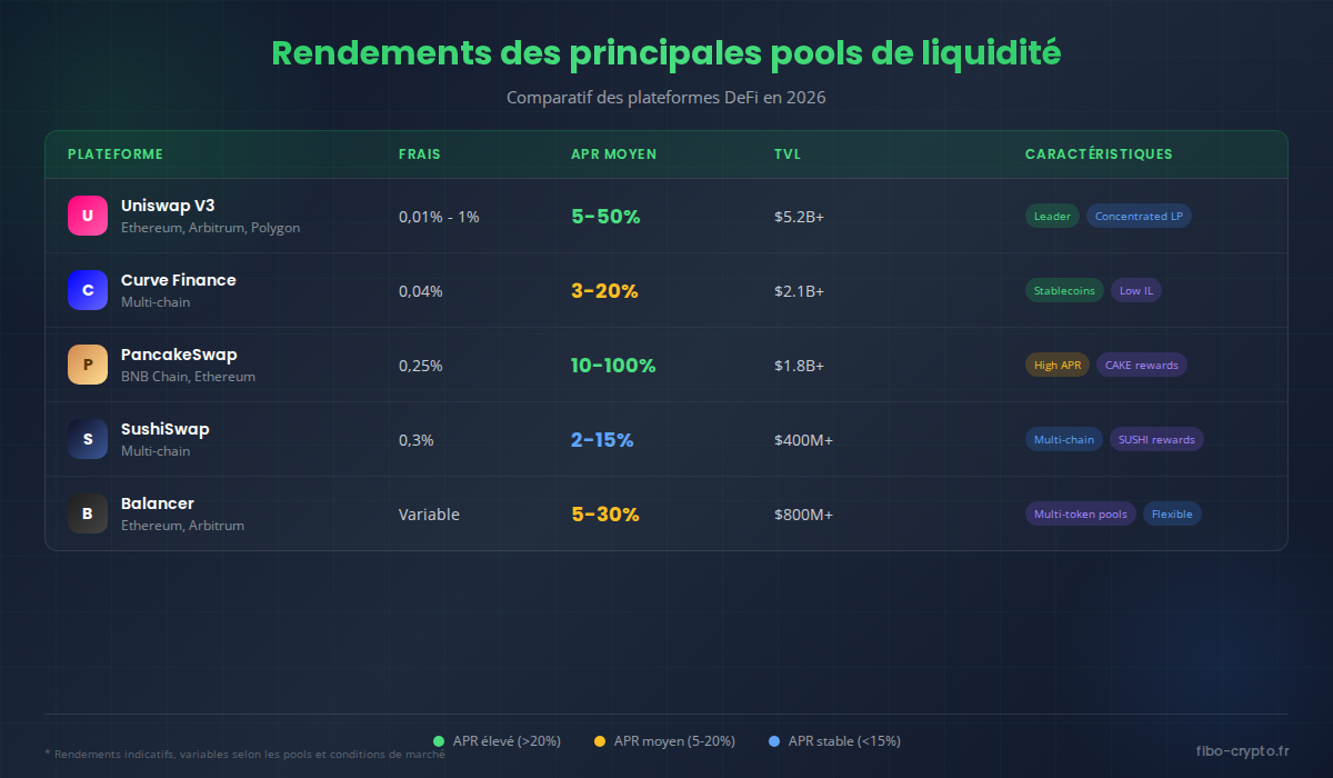 Comparatif des rendements LP sur les principales plateformes DeFi : Uniswap, Curve, Balancer, PancakeSwap