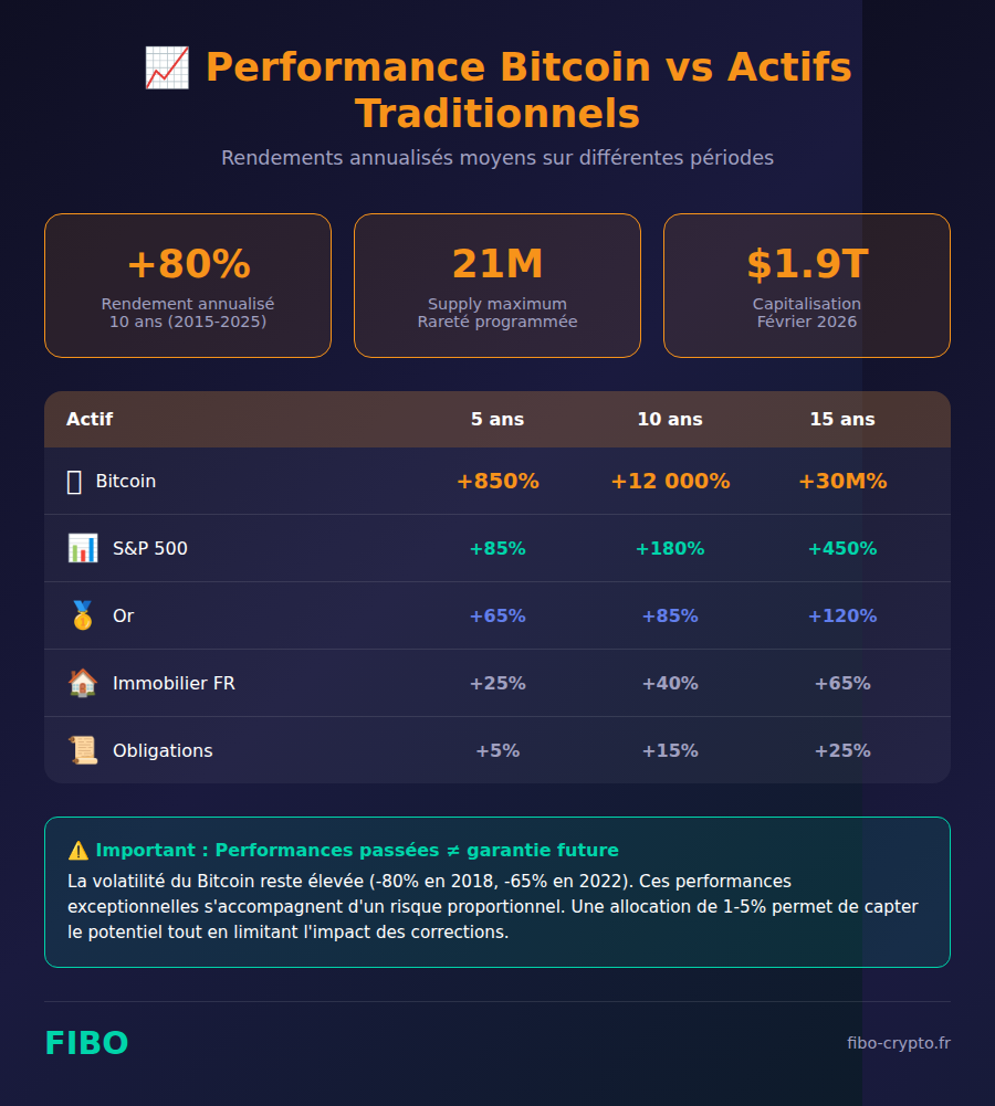 Infographie performance Bitcoin vs actifs traditionnels - comparatif rendements sur 5, 10 et 15 ans