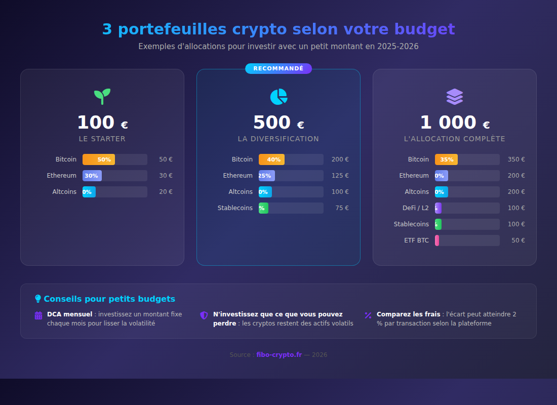 Infographie : 3 portefeuilles crypto selon votre budget - 100€, 500€ et 1000€