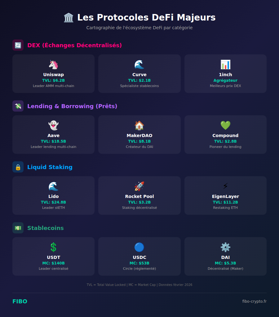 Cartographie des protocoles DeFi majeurs par catégorie : DEX, lending, liquid staking et stablecoins avec TVL