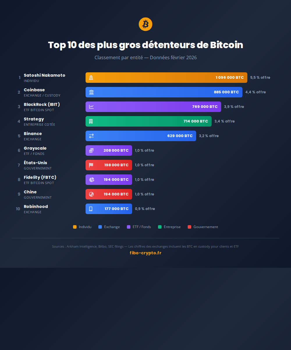 Infographie : Top 10 des plus gros détenteurs de Bitcoin en 2026