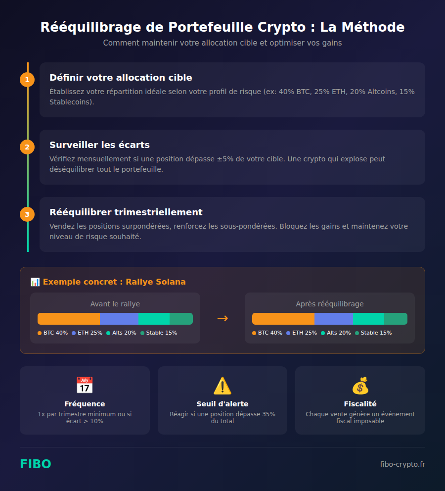Infographie rééquilibrage portefeuille crypto avec méthode étape par étape et exemple concret