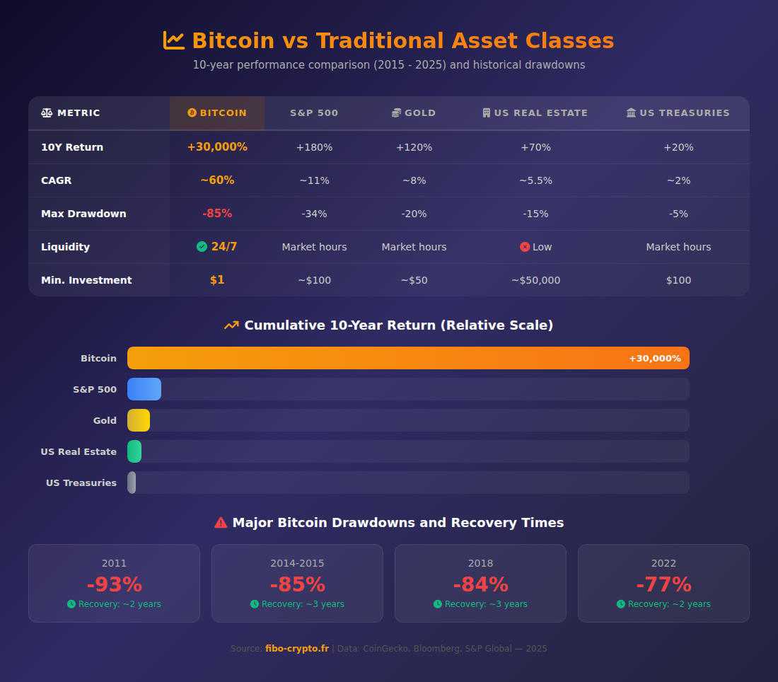 Infographic: Bitcoin vs Traditional Asset Classes — 10-year performance and historical drawdowns