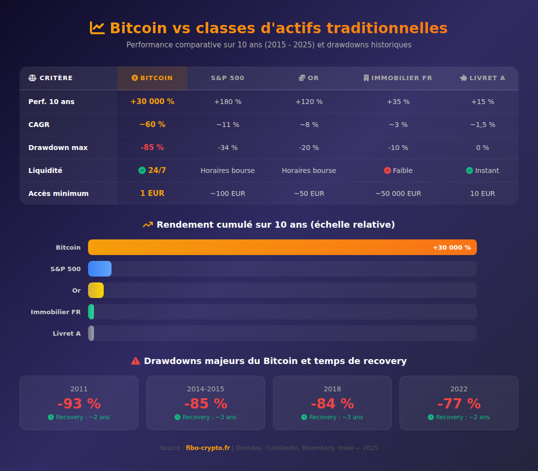 Infographie : Bitcoin vs classes d'actifs traditionnelles — performance sur 10 ans et drawdowns historiques