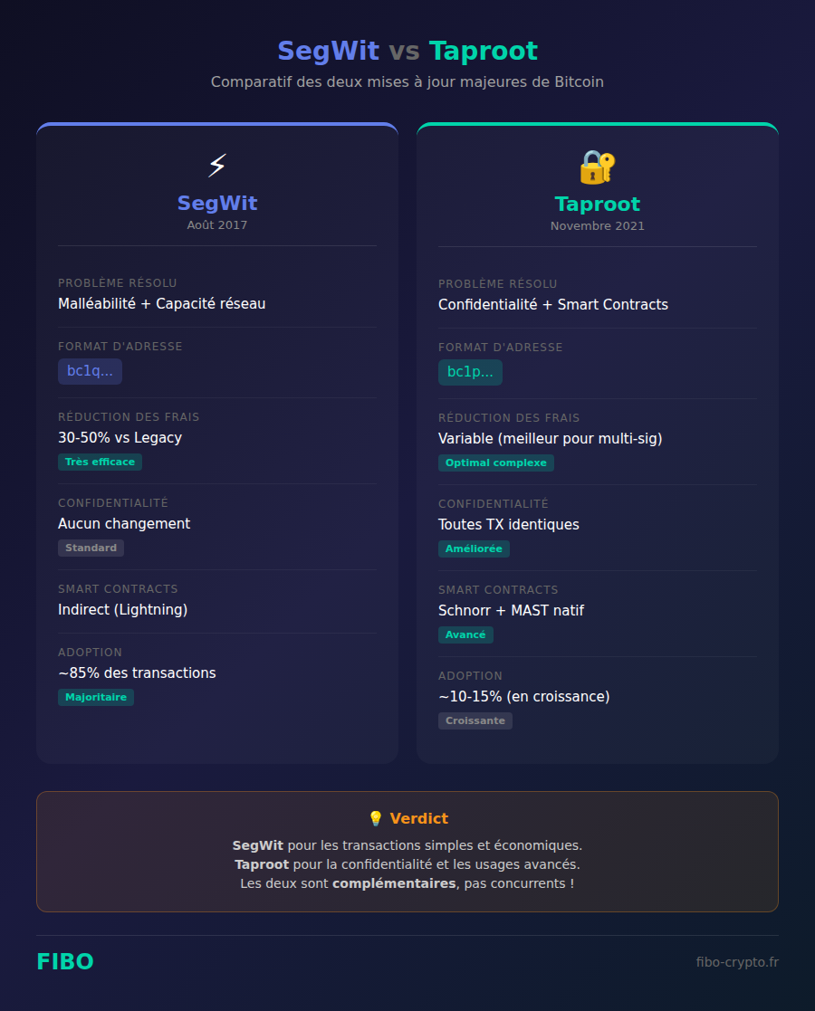 Comparatif détaillé SegWit vs Taproot : dates d'activation, problèmes résolus, formats d'adresse, frais, confidentialité et adoption