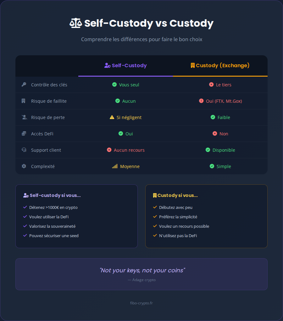 Infographie Self-Custody vs Custody - Comparatif complet