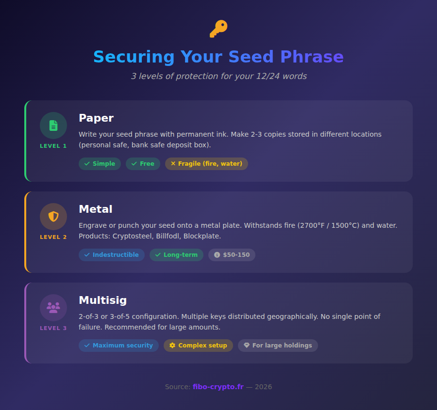 Infographic securing your seed phrase - 3 levels of protection