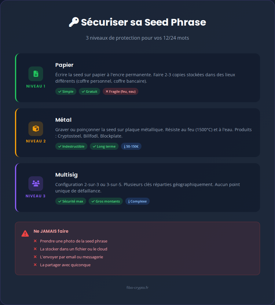 Infographie sécuriser sa seed phrase - 3 niveaux de protection