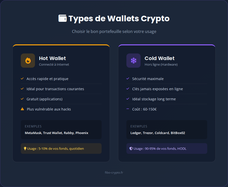 Infographie types de wallets crypto - Hot wallet vs Cold wallet