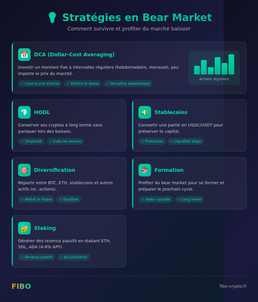 Infographie des 6 stratégies essentielles en bear market : DCA, HODL, Stablecoins, Diversification, Formation et Staking