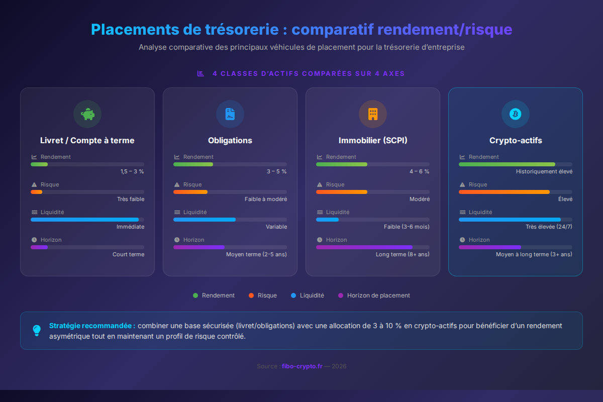 Infographie comparant les placements de trésorerie d'entreprise : livret, obligations, immobilier et crypto-actifs sur les axes rendement, risque, liquidité et horizon