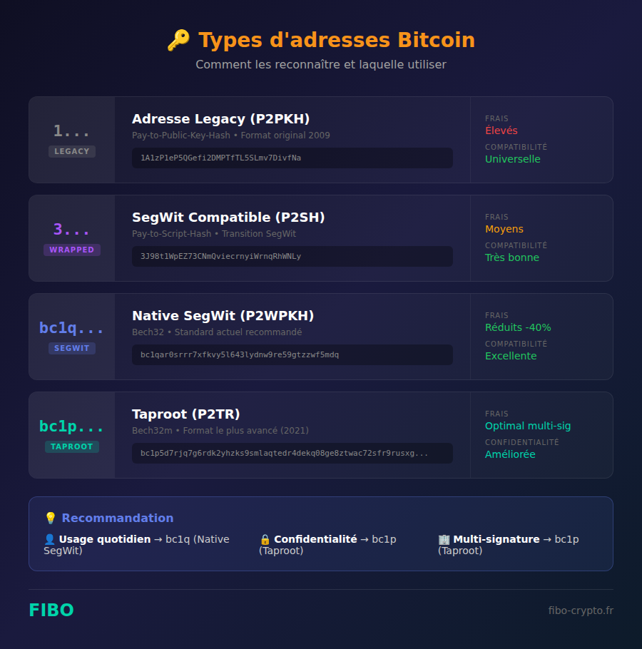 Les 4 types d'adresses Bitcoin : Legacy (1...), SegWit compatible (3...), Native SegWit (bc1q...) et Taproot (bc1p...) avec leurs caractéristiques
