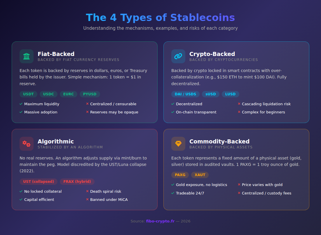 Infographic: the 4 types of stablecoins - fiat-backed, crypto-backed, algorithmic and commodity-backed