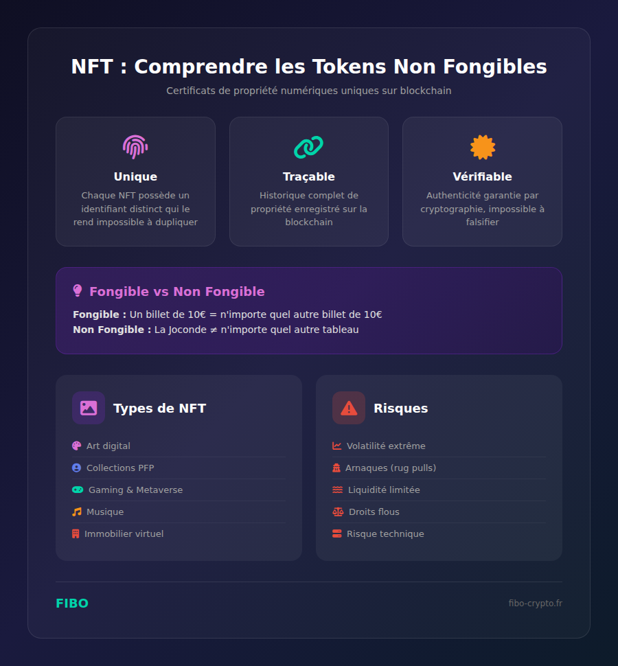 Infographie NFT : comprendre les tokens non fongibles - définition, types et risques