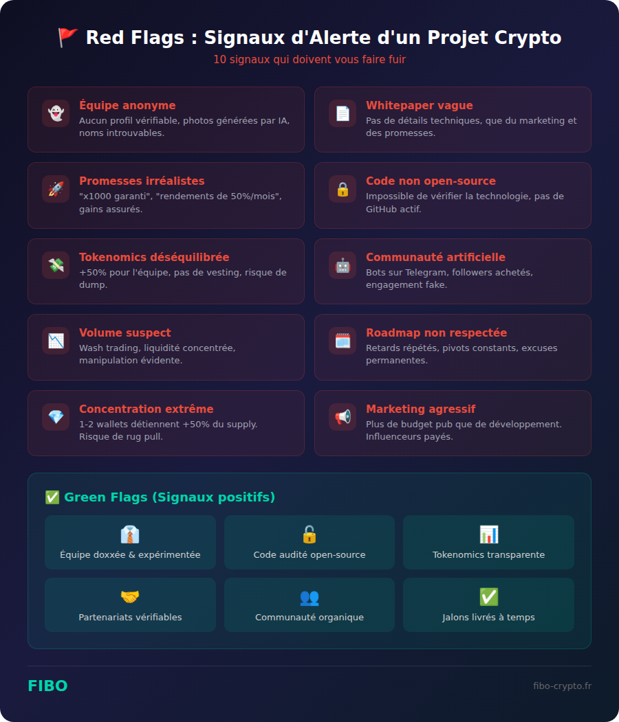 Infographie : 10 red flags pour repérer une arnaque crypto - signaux d'alerte scam
