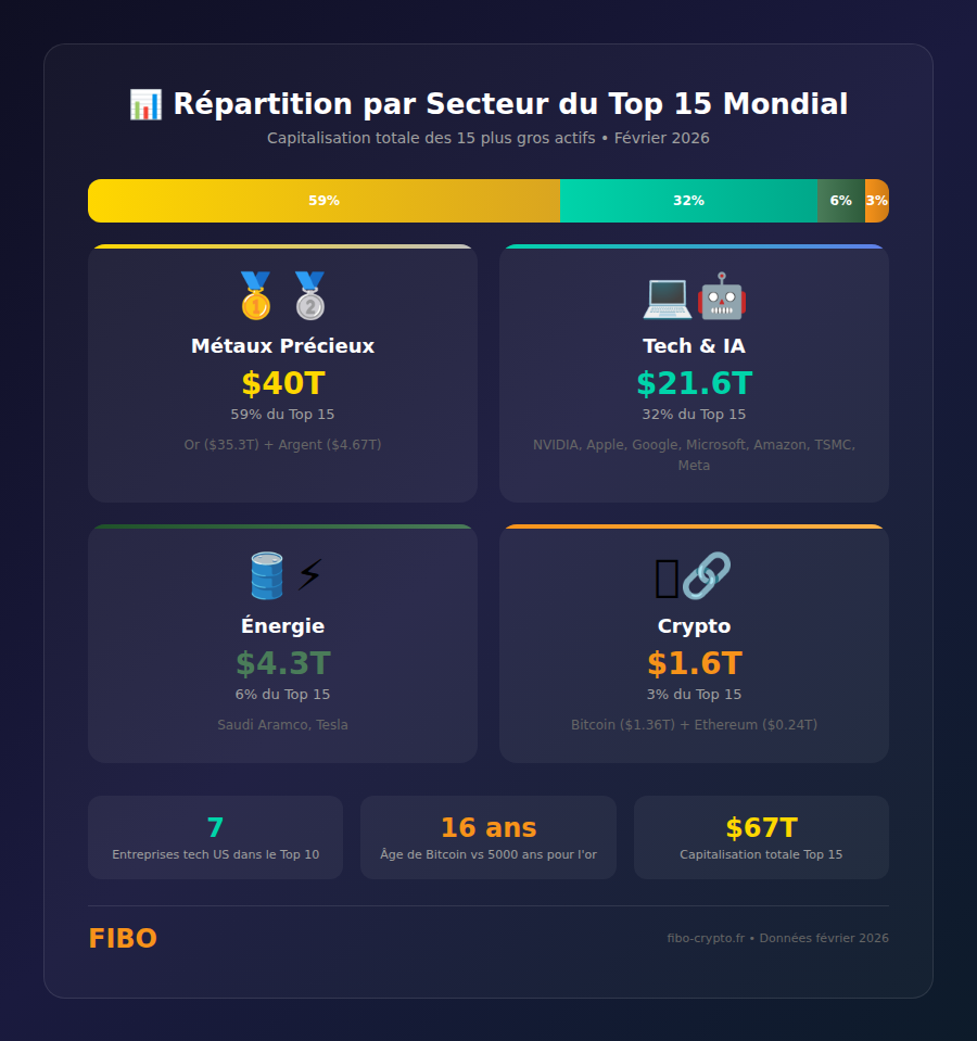 Répartition par secteur des 15 plus gros actifs mondiaux en 2026 : métaux précieux 59%, tech 32%, énergie 6%, crypto 3%