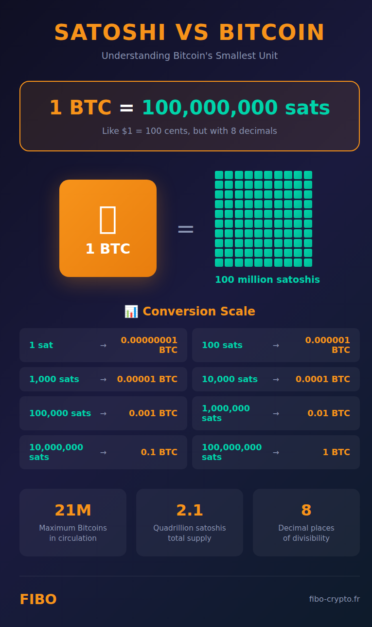 Infographic showing the relationship between Bitcoin and satoshi: 1 BTC = 100 million sats, with complete conversion scale
