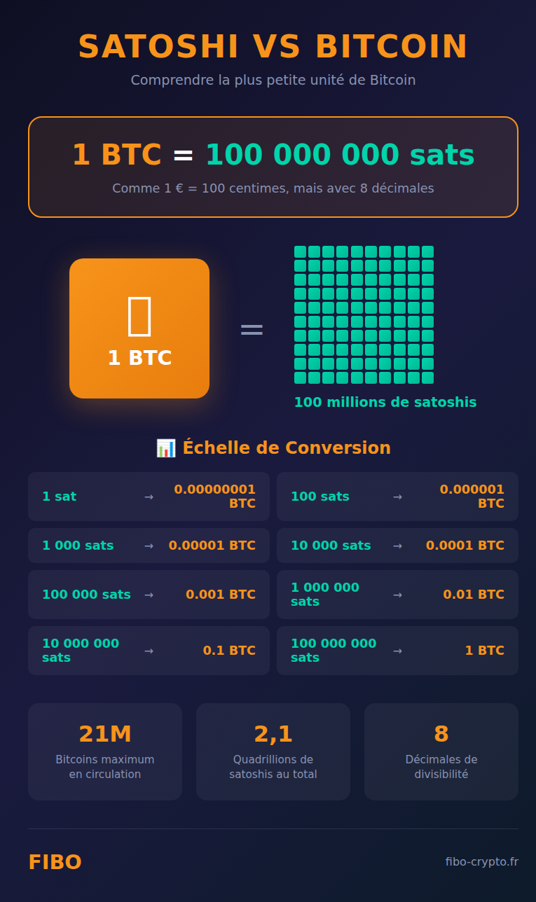 Infographie montrant la relation entre Bitcoin et satoshi : 1 BTC = 100 millions de sats, avec l'échelle de conversion complète