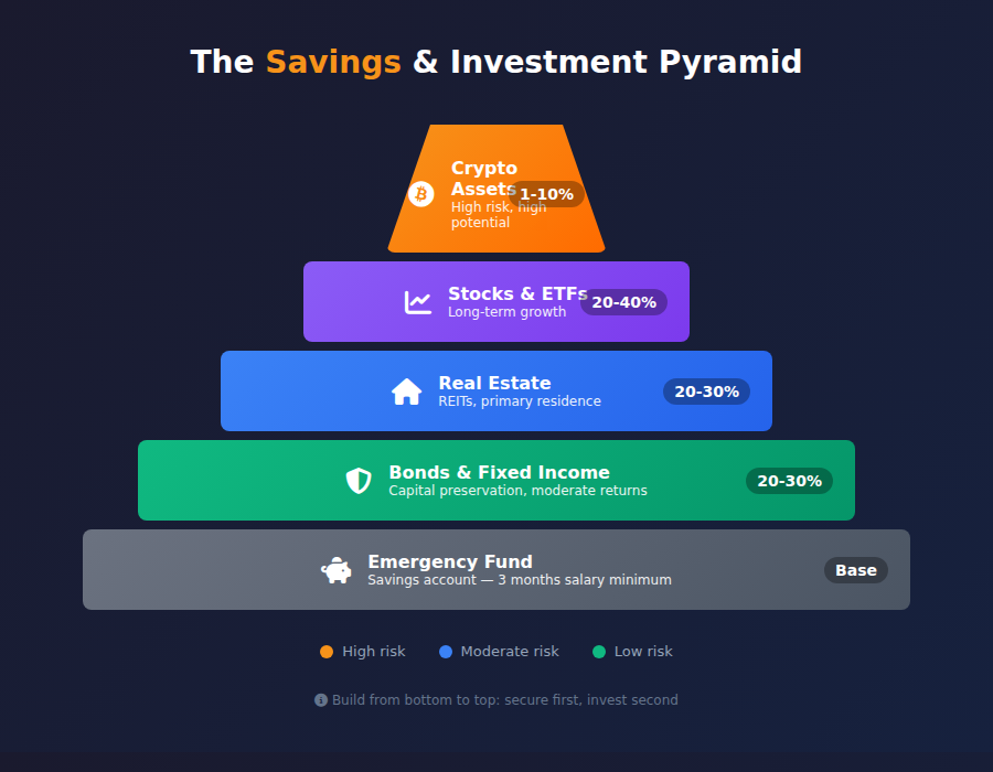 Savings and investment pyramid with cryptocurrencies at the top