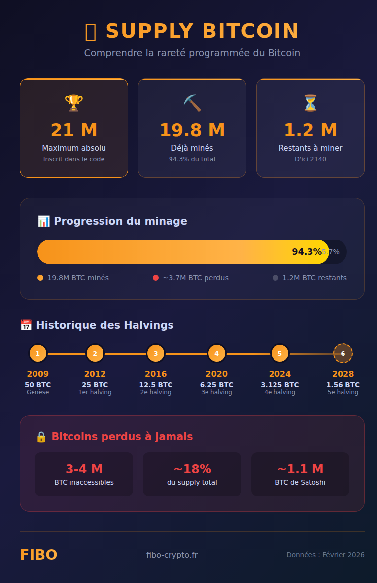 Infographie complète du supply Bitcoin montrant les 21 millions maximum, les 19.8 millions déjà minés, la timeline des halvings et les bitcoins perdus