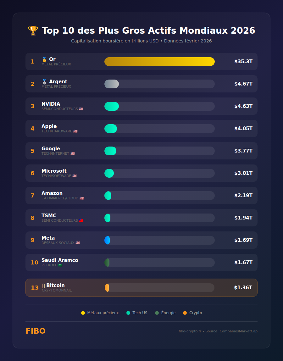 Top 10 des plus gros actifs mondiaux par capitalisation boursière en février 2026 : Or, Argent, NVIDIA, Apple, Google, Microsoft, Amazon, TSMC, Meta, Saudi Aramco et Bitcoin