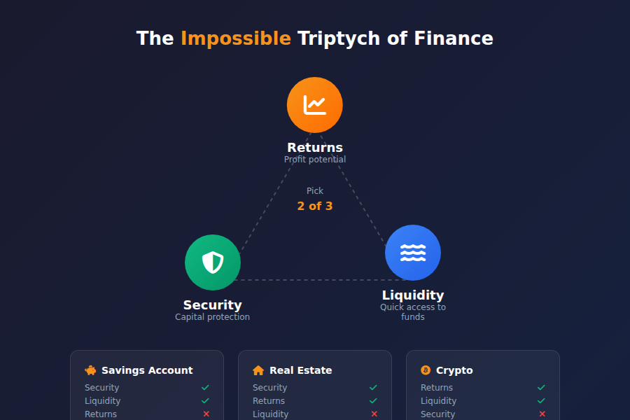 The impossible triptych of finance: returns, security, liquidity