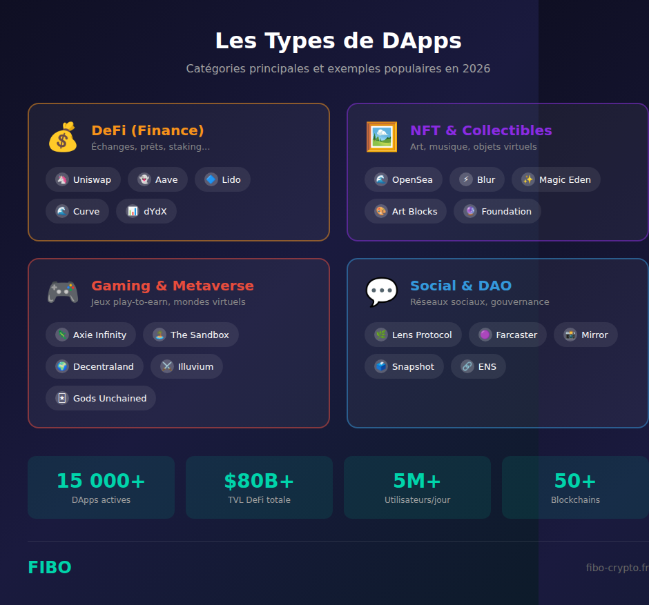 Les 4 catégories de DApps : DeFi, NFT, Gaming et Social avec exemples populaires
