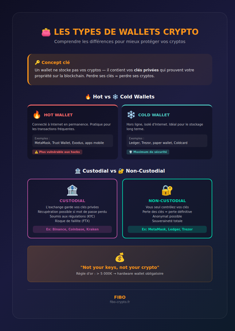 Infographie : Les types de wallets crypto - Hot vs Cold, Custodial vs Non-custodial