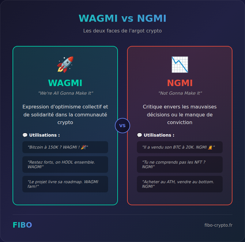 Infographie WAGMI vs NGMI : comparatif des deux acronymes crypto avec définitions et exemples d'utilisation