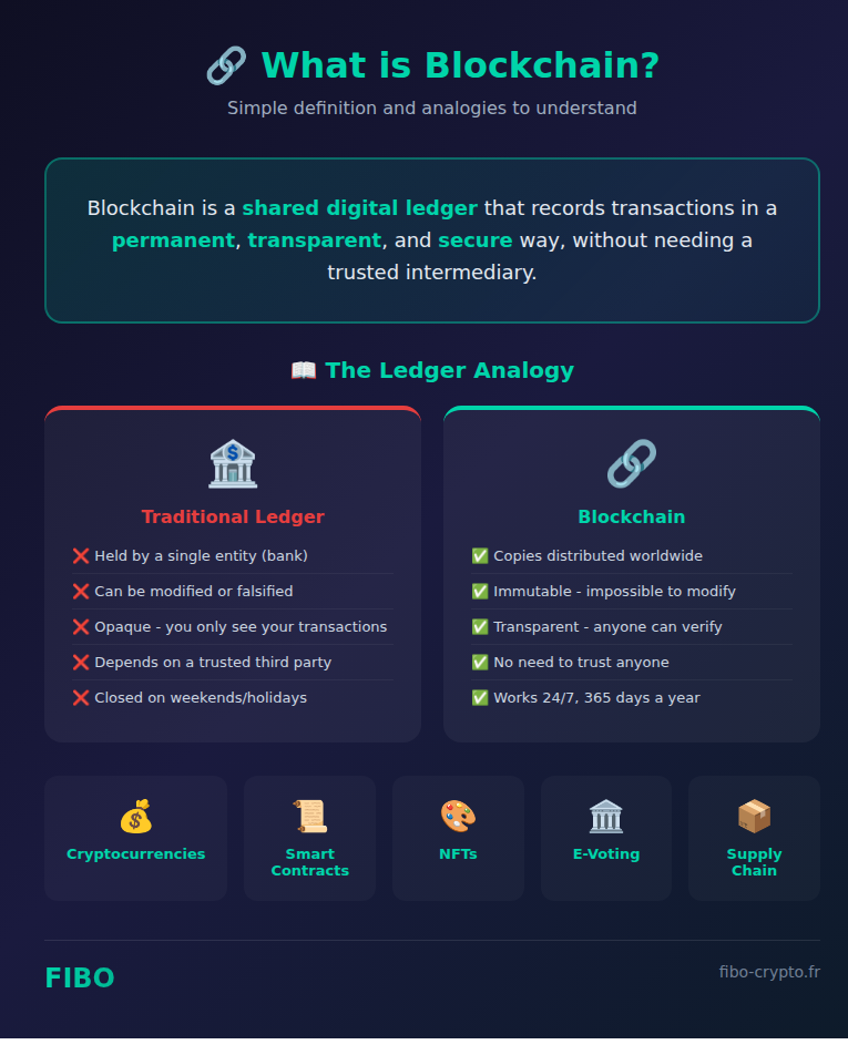 Infographic: What is blockchain - simple definition with ledger analogy