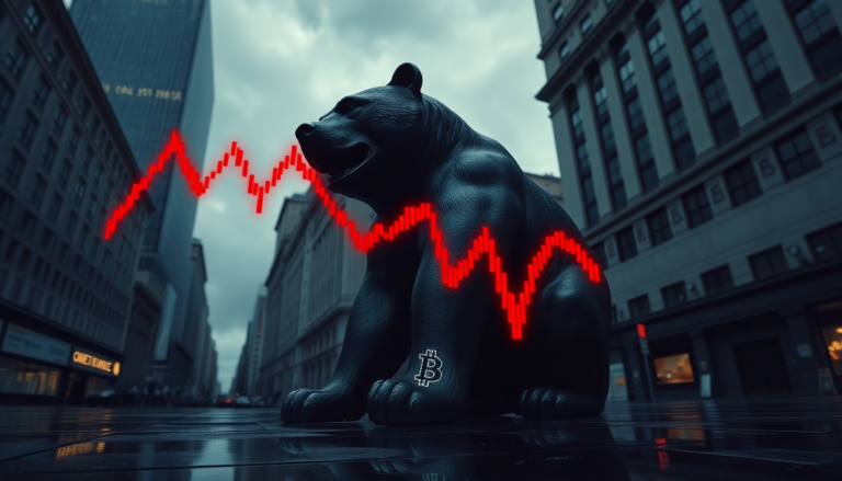 Concept de bear market crypto avec statue de taureau et graphiques en baisse