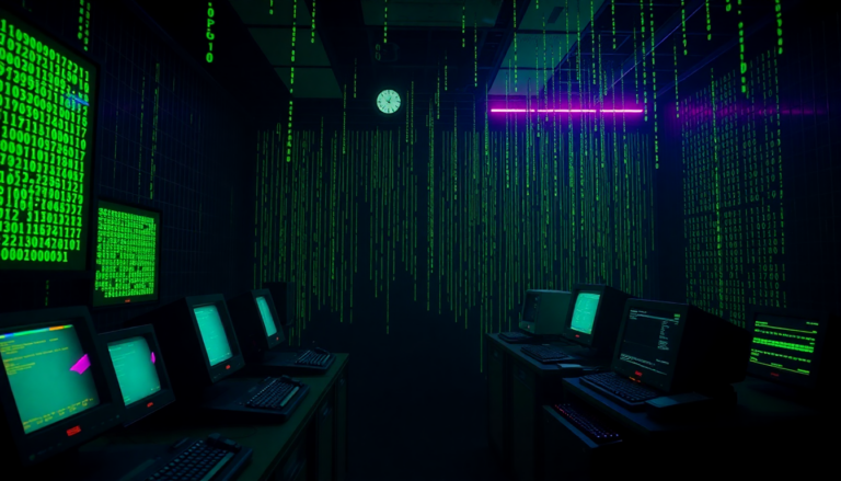 Esthétique cypherpunk rétro-futuriste avec terminaux et code cryptographique