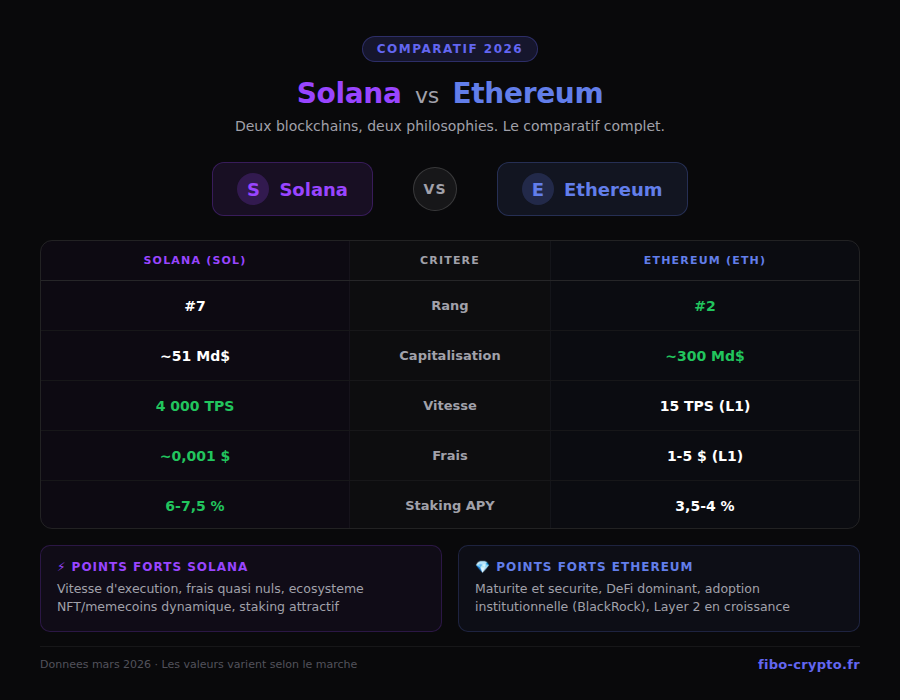 Infographie comparatif Solana vs Ethereum 2026 : vitesse, frais, staking, capitalisation