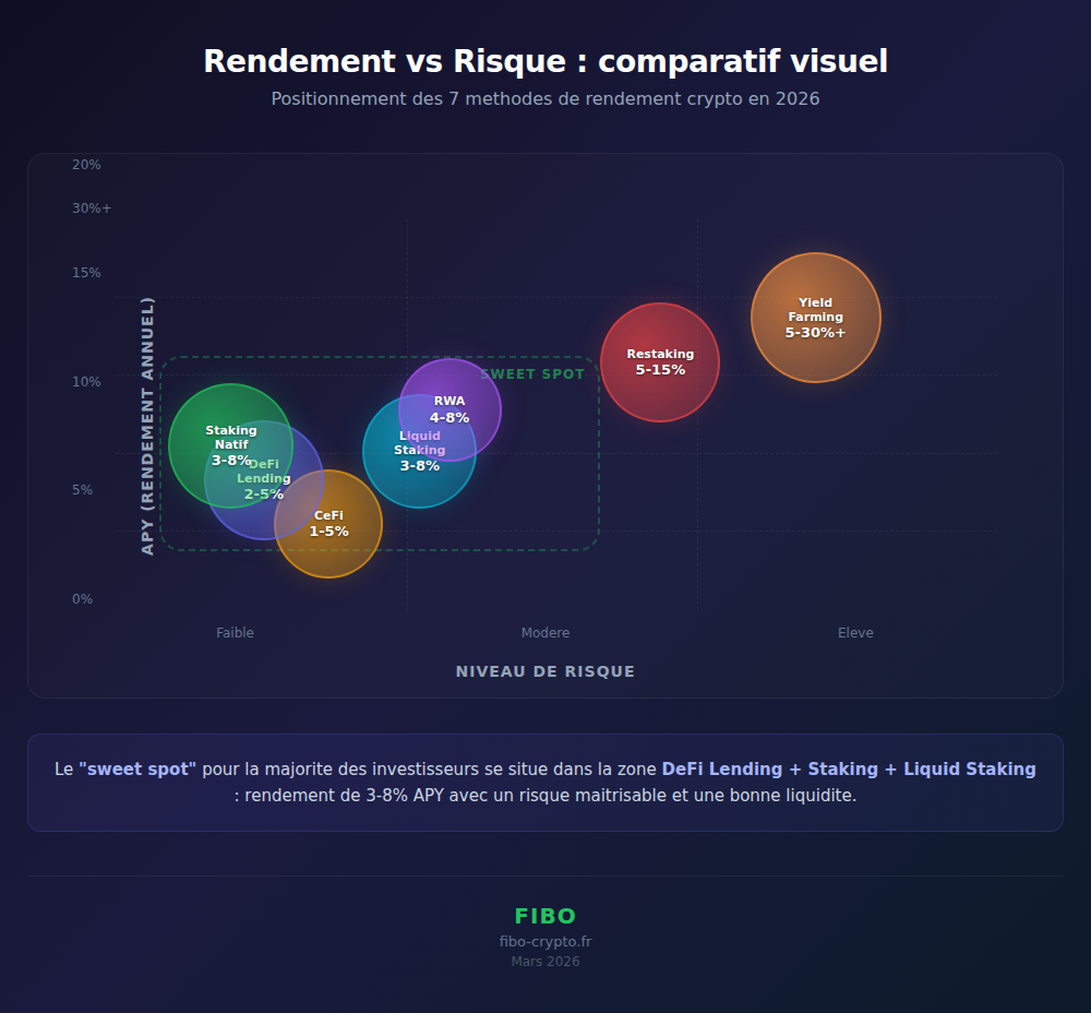 Visual comparison of yield versus risk for crypto yield methods in 2026