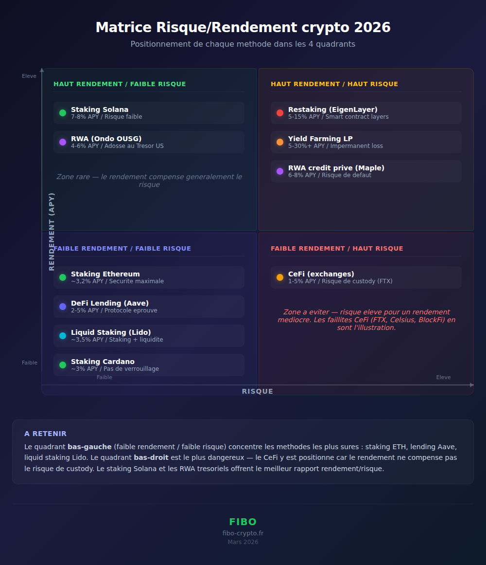 Risk-reward matrix of crypto yield methods in 2026