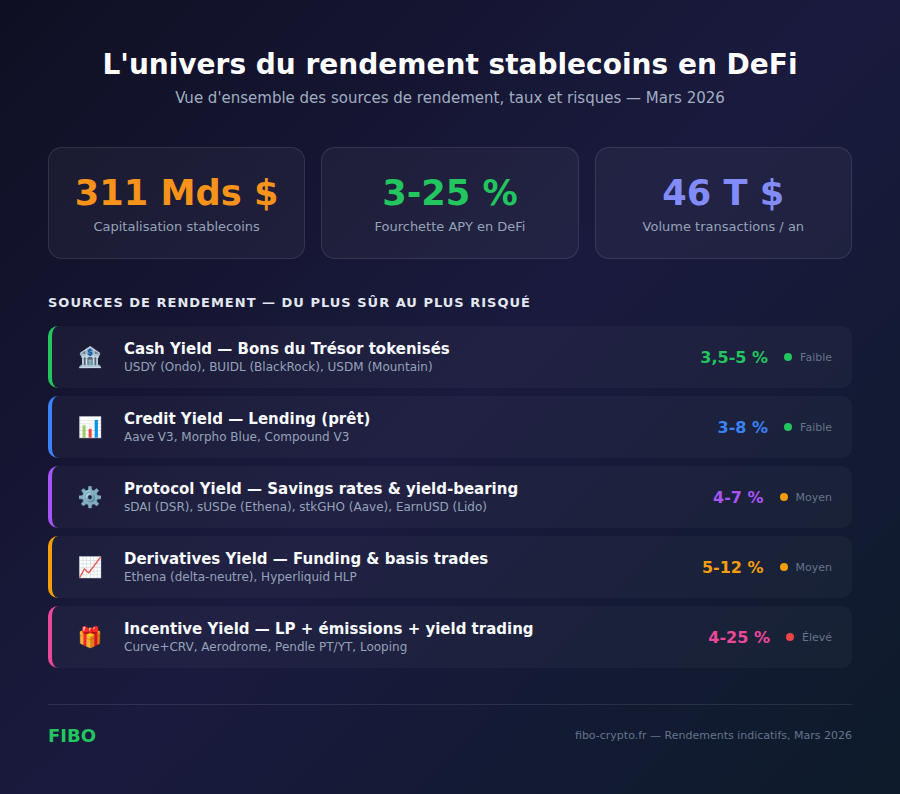 L'univers du rendement stablecoins en DeFi — sources de yield, taux et risques