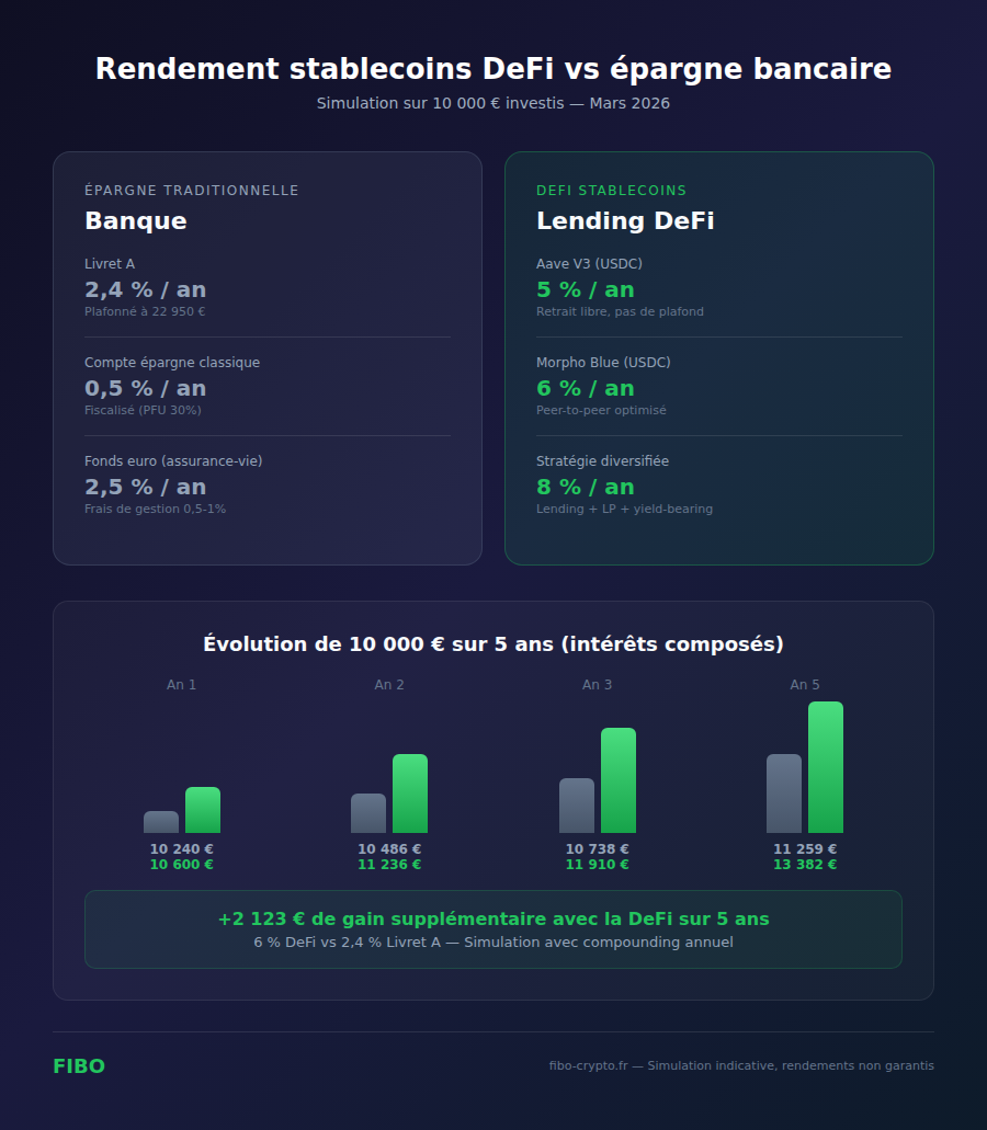 Rendement stablecoins DeFi vs épargne bancaire — simulation 10 000 €