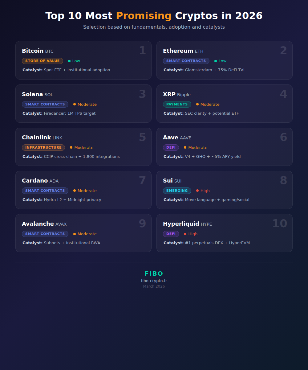Top 10 most promising cryptocurrencies in 2026: Bitcoin, Ethereum, Solana, XRP, Chainlink, Aave, Cardano, Sui, Avalanche, Hyperliquid