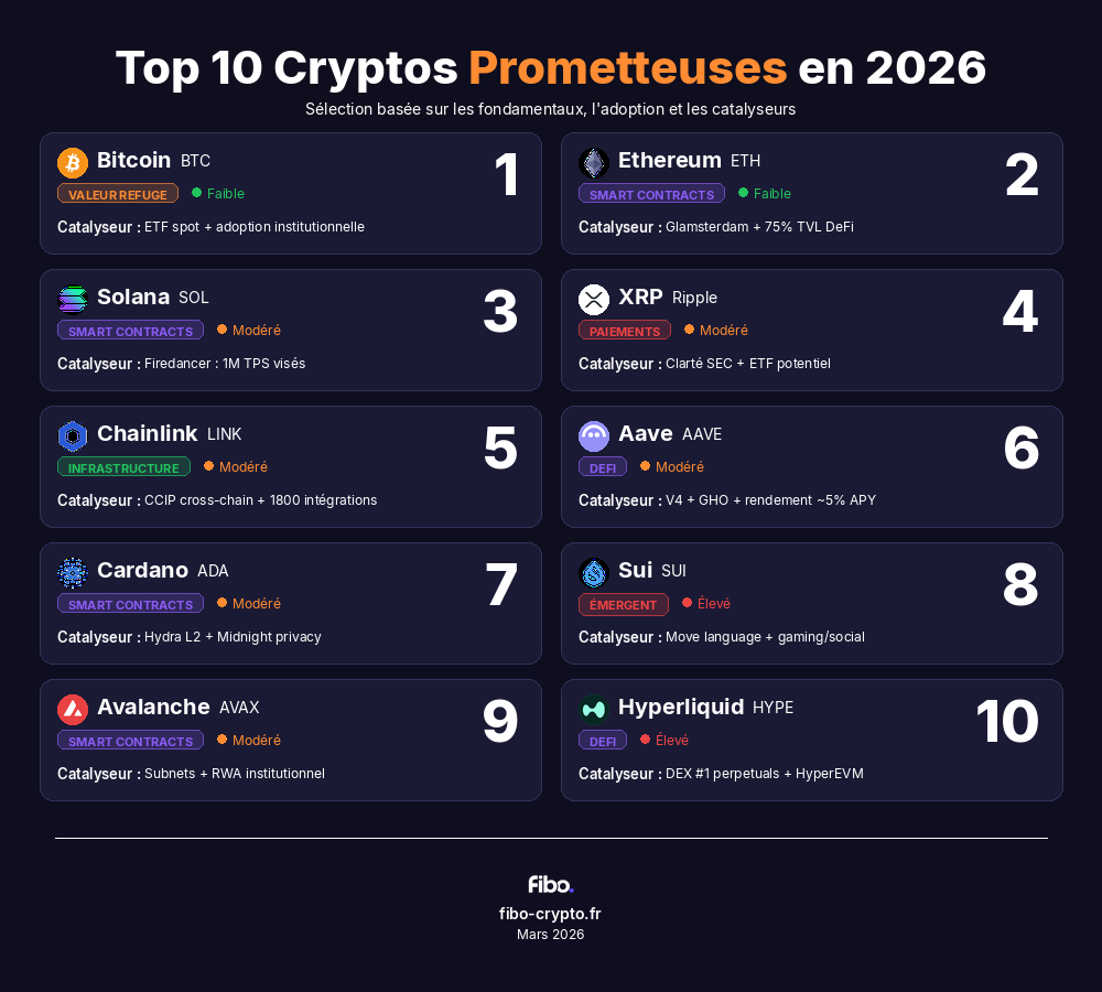 Top 10 des cryptos les plus prometteuses en 2026 : Bitcoin, Ethereum, Solana, XRP, Chainlink, Aave, Cardano, Sui, Avalanche, Hyperliquid